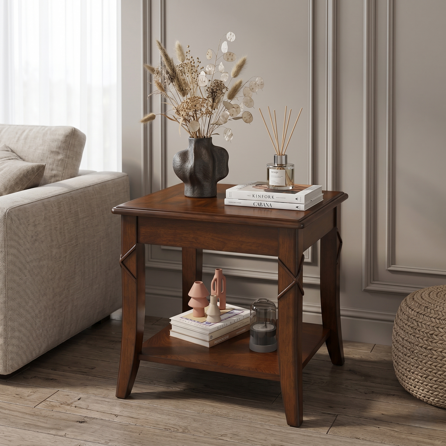 Classic Wood End Table with Drawer & Lower Storage Shelf