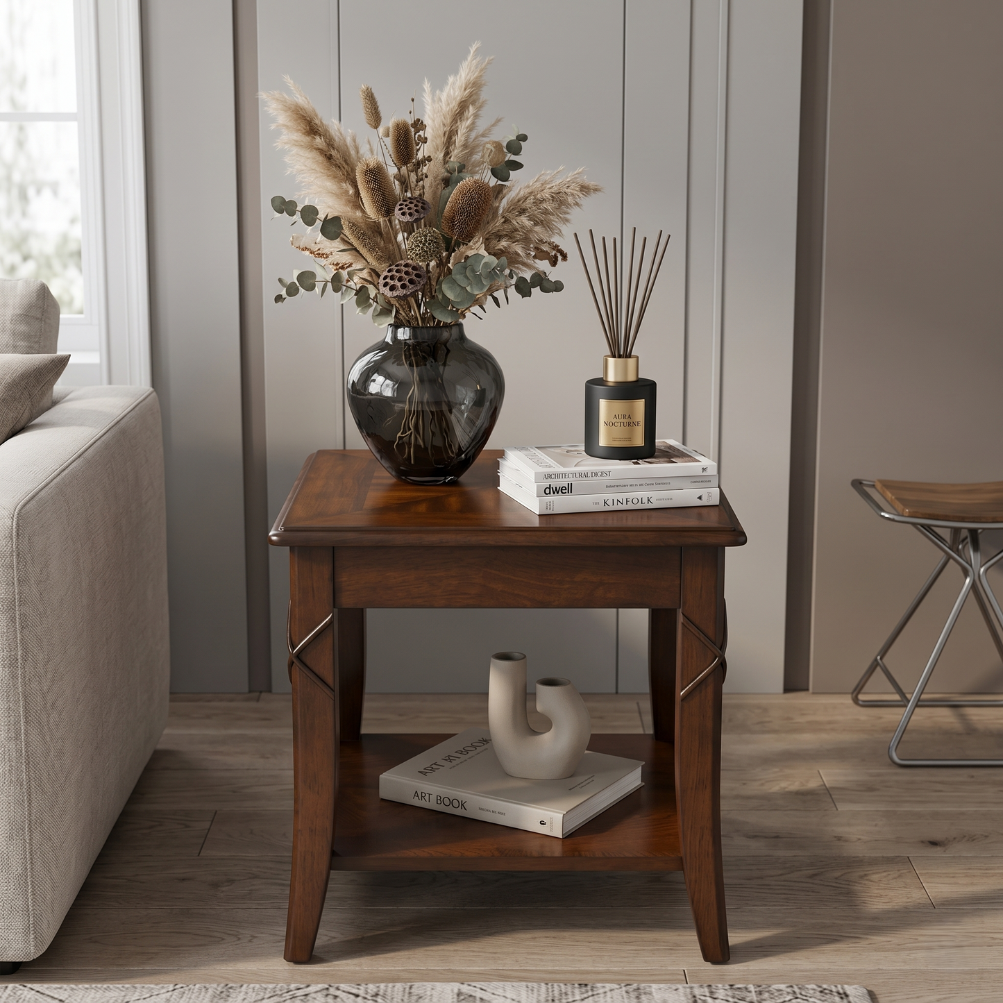Classic Wood End Table with Drawer & Lower Storage Shelf