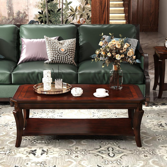 Solid Wood Coffee Table Cherry Brown with Storage Shelf Traditional Farmhouse Table