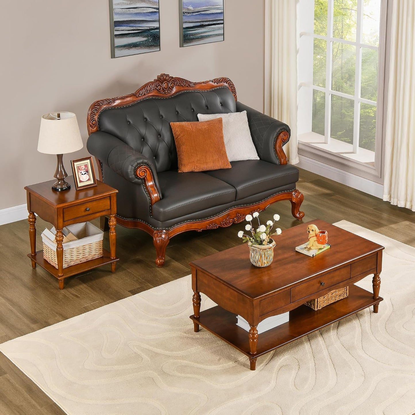 Solid Wood Coffee Table with Drawer Cherry Walnut Storage Shelf Vintage Center Table