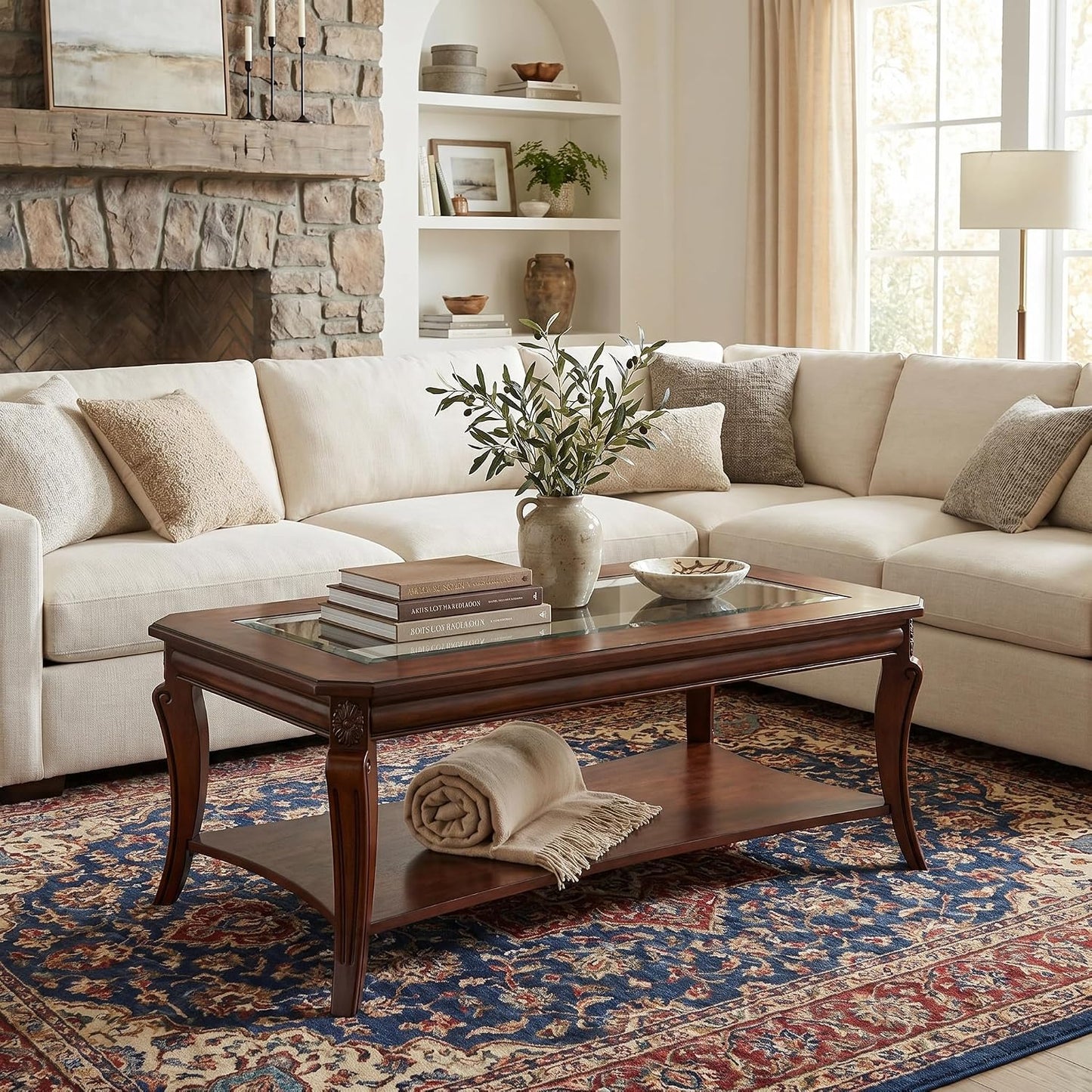 Solid Wood Glass Top Coffee Table Cherry Brown with Storage Shelf Classic Farmhouse Table
