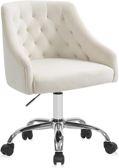 Ivory Velvet Office Chair Tufted Adjustable Swivel Vanity Chair with Wheels