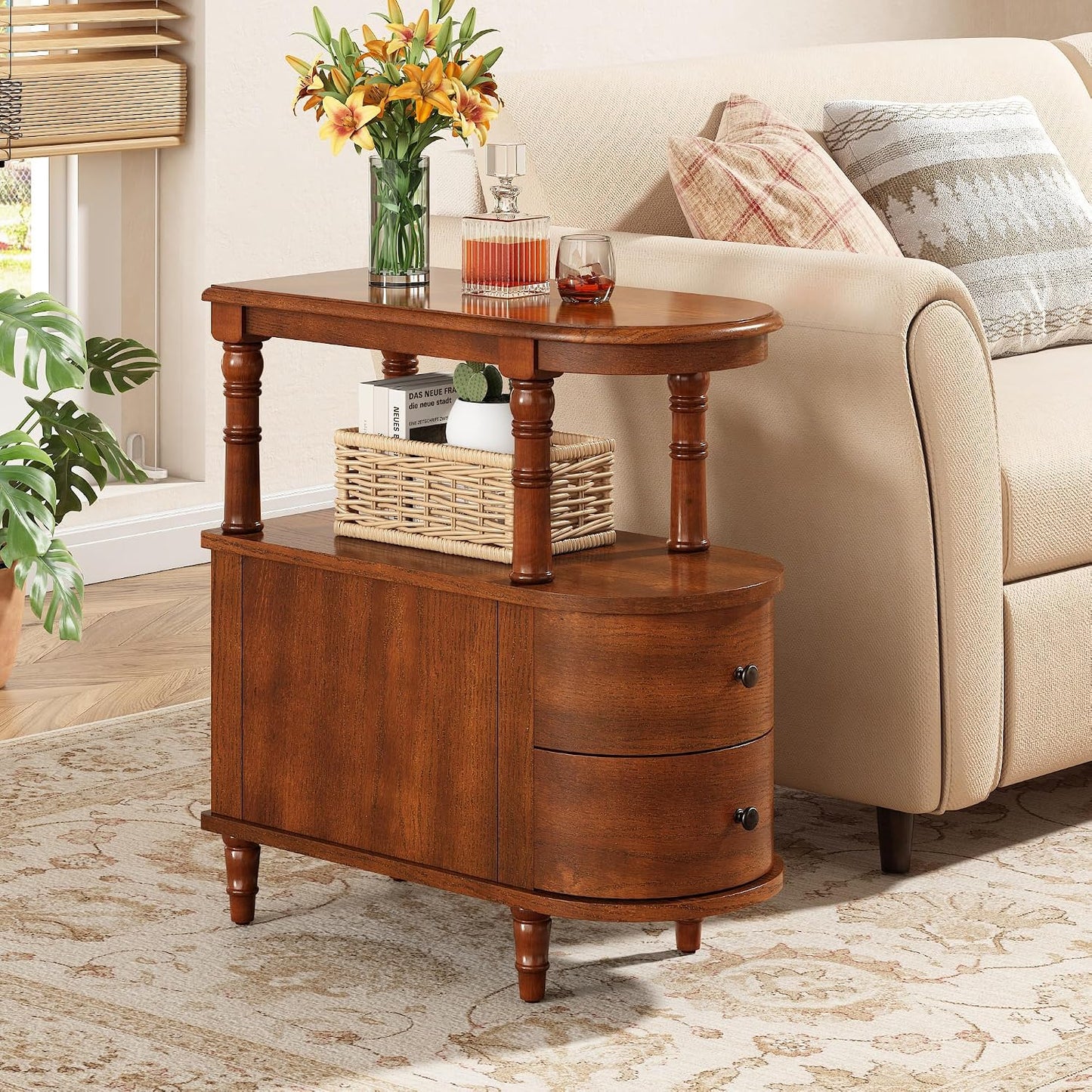Solid Wood Slim End Table with 2 Drawers & Storage Shelf – Beewax Tone