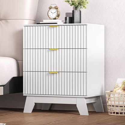 White Fluted Nightstand with 3 Drawers Modern Wide Bedside Table