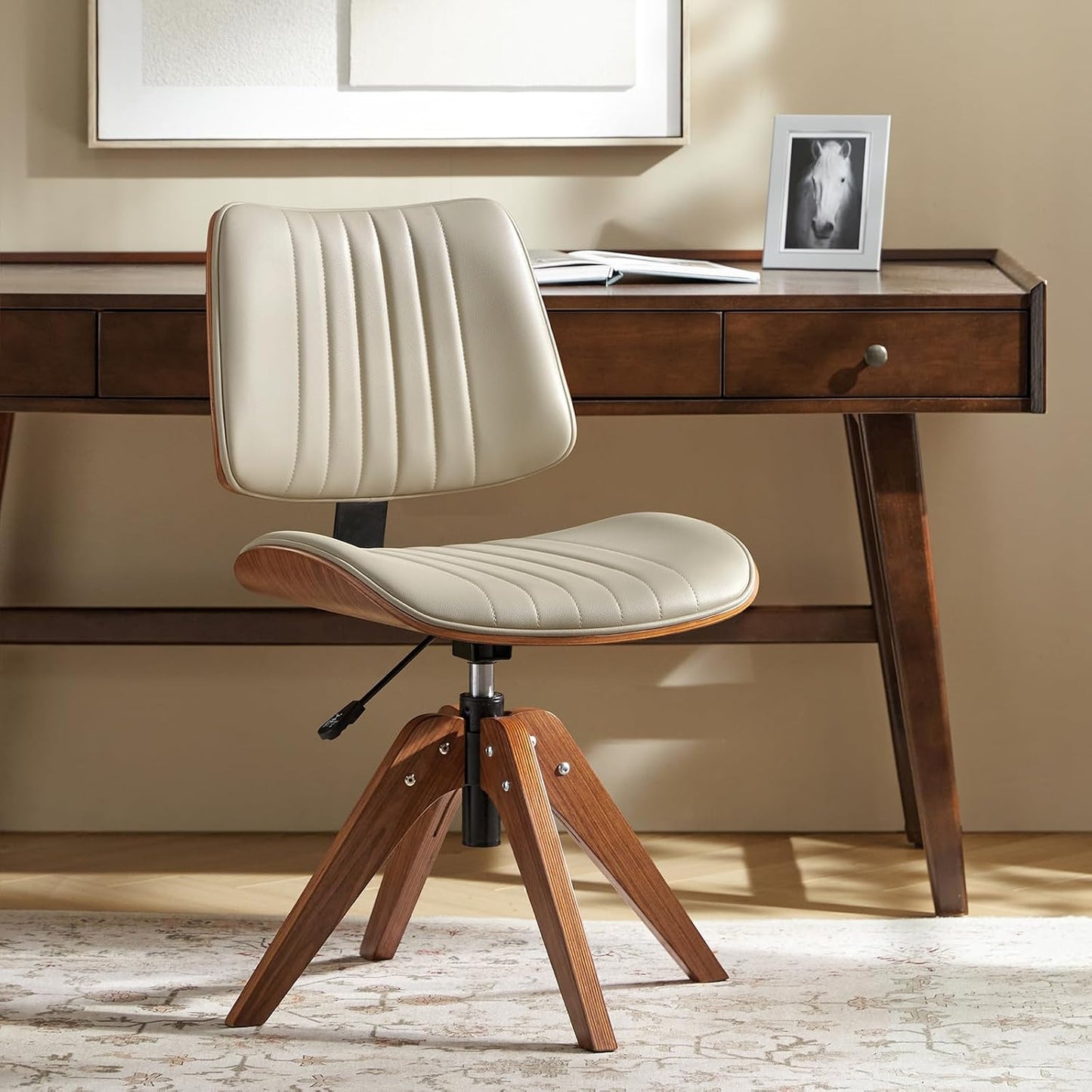 Sage Faux Leather Swivel Desk Chair Adjustable Height Wood Legs Mid Century