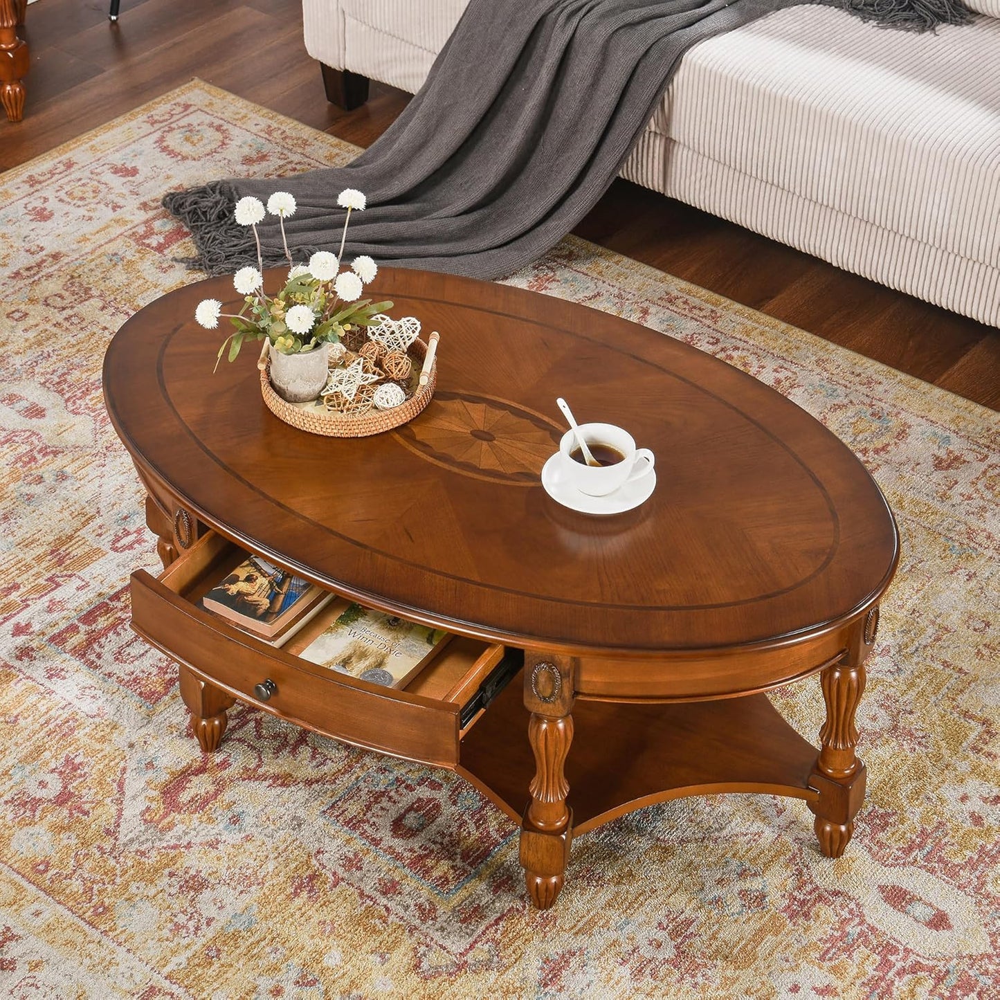 Solid Wood Coffee Table with Drawer Caramel Brown Storage Table