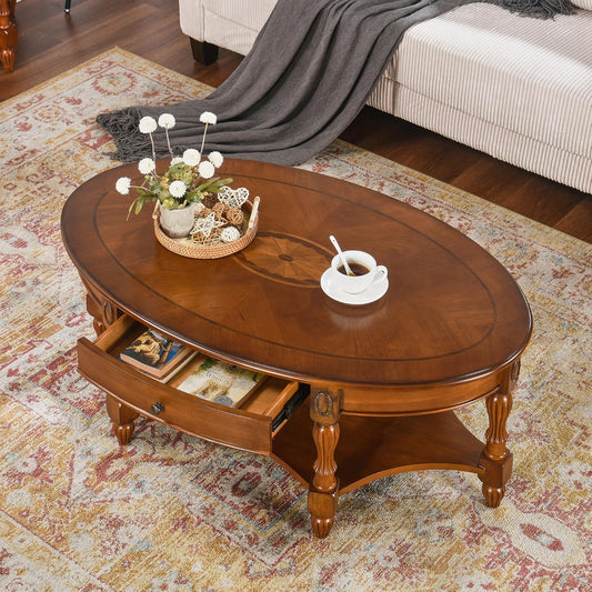 Solid Wood Coffee Table with Drawer Caramel Brown Storage Table