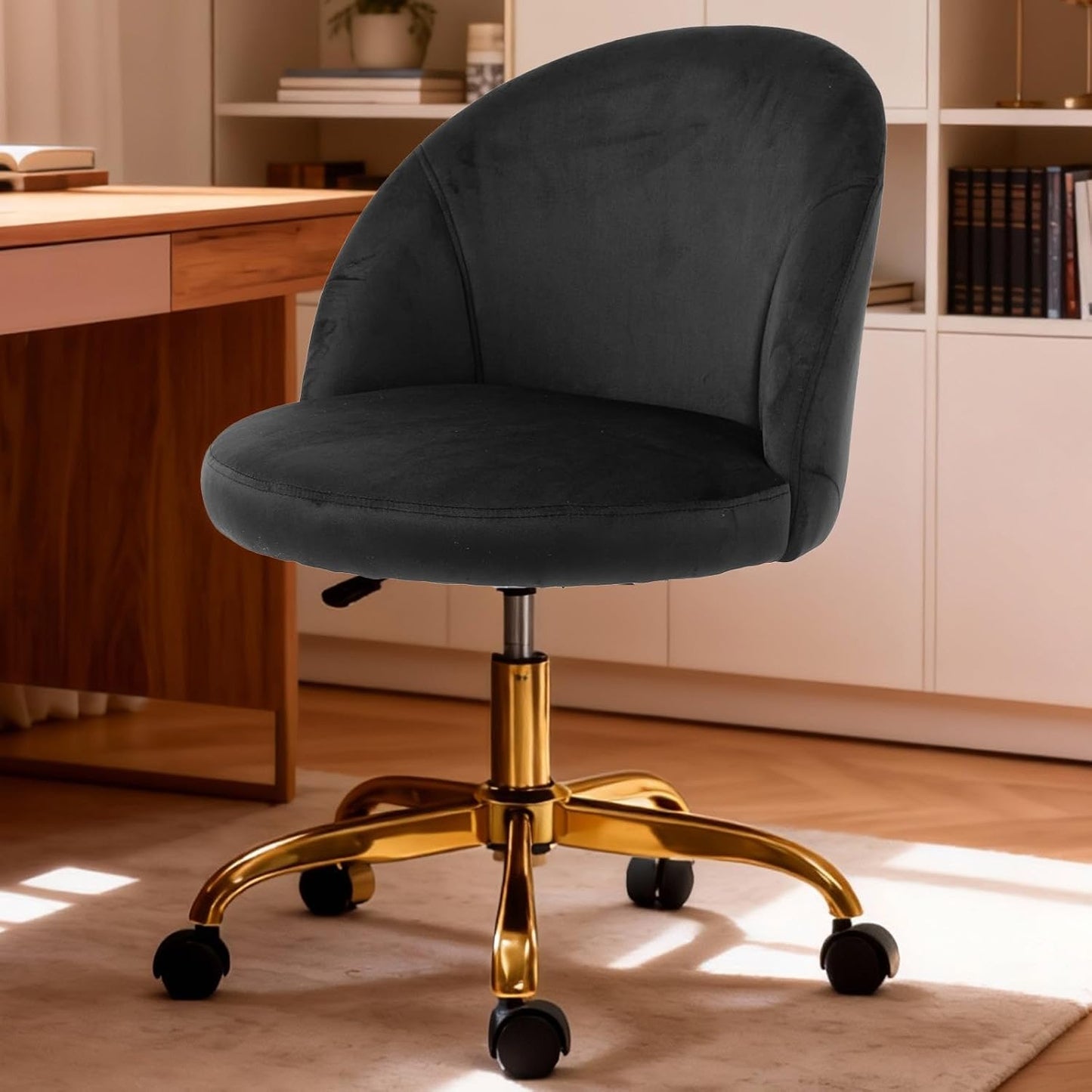 Black Velvet Vanity Chair Gold Base Adjustable Swivel Rolling Desk Chair