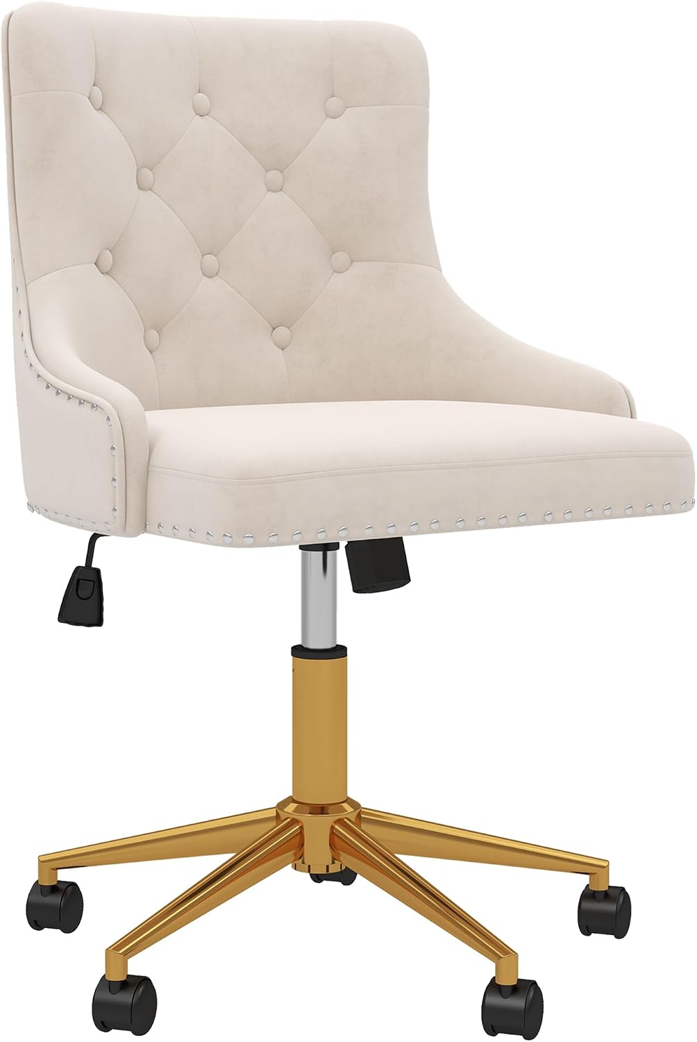 Beige Velvet Swivel Desk Chair Tufted Vanity Chair with Gold Base and Wheels