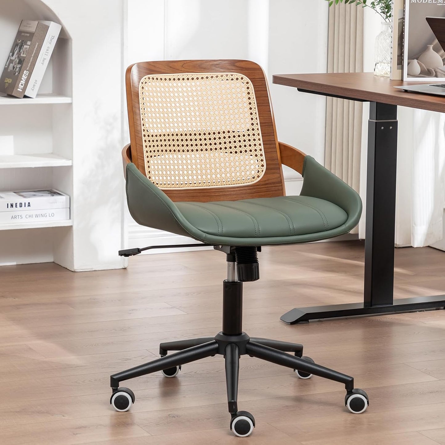 Walnut Rattan Office Chair Green Faux Leather Swivel Rolling Desk Chair