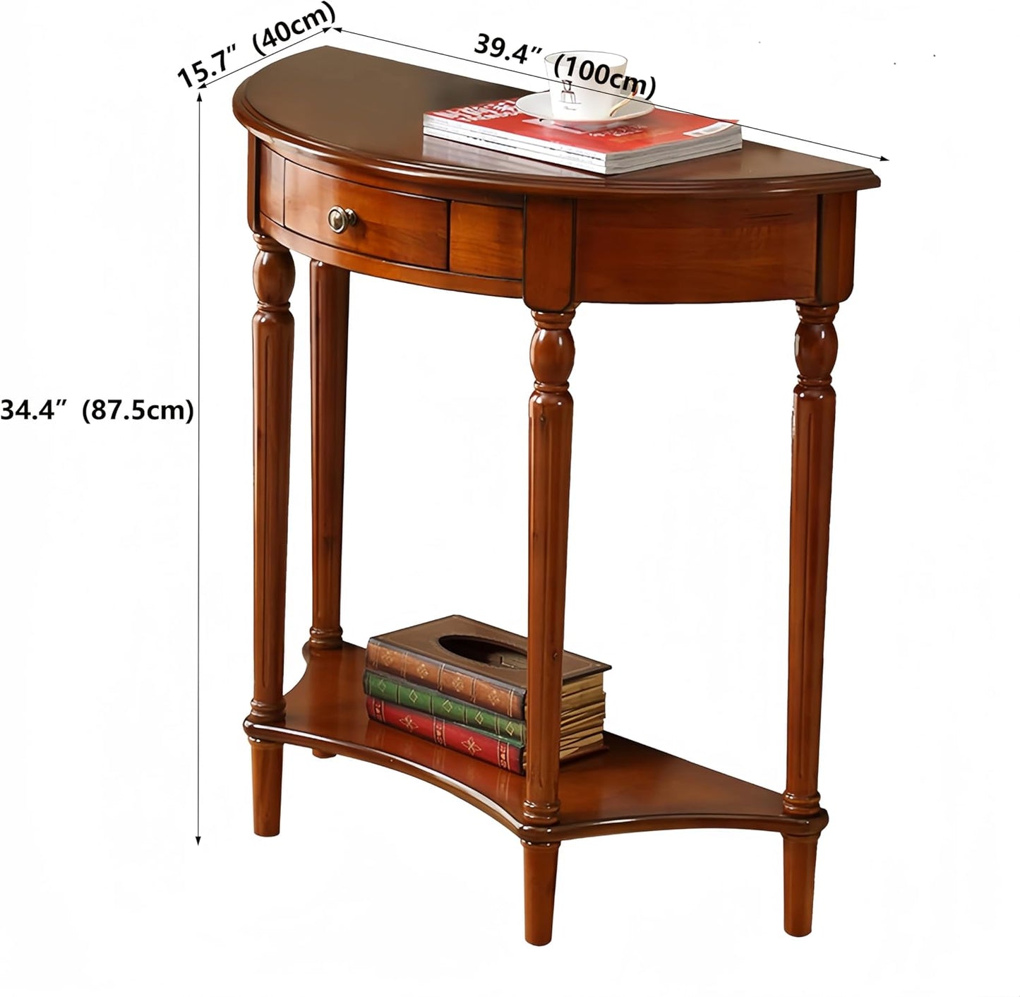 Solid Wood Half Moon Console Table with Drawer Cherry Wood Entryway Table