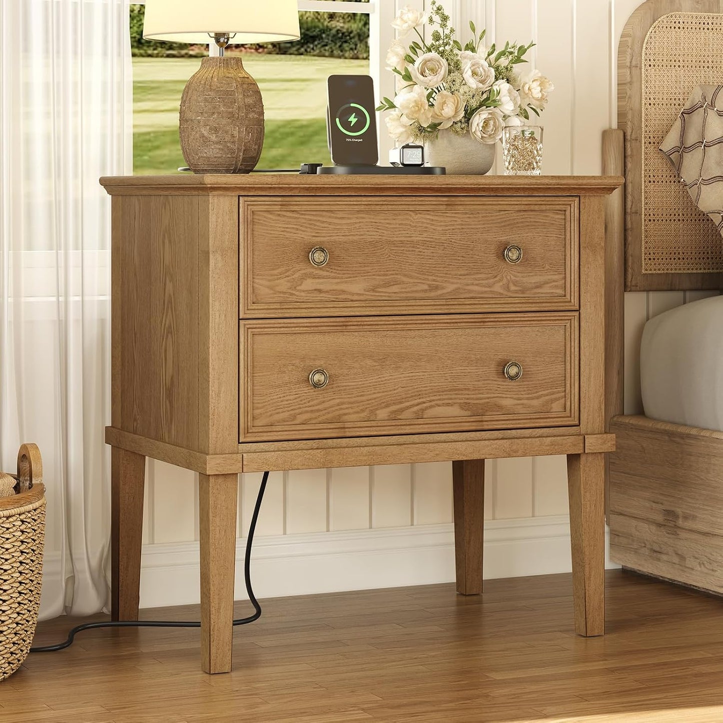 Solid Wood 2-Drawer Nightstand with Charging Station – Teak Farmhouse Bedside Table