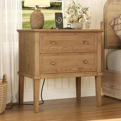 Solid Wood 2-Drawer Nightstand with Charging Station – Teak Farmhouse Bedside Table