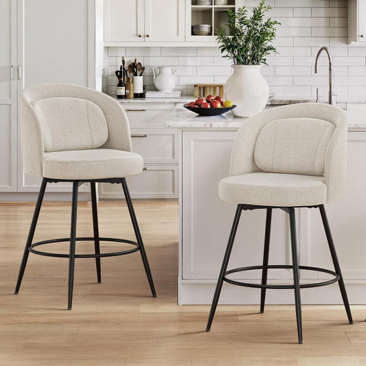 26 Inch Swivel Counter Height Bar Stools Linen Upholstered Black Metal Set of 2