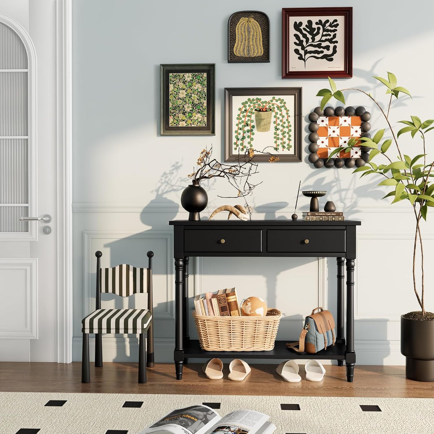 Solid Wood Console Table with 2 Drawers Black Narrow Entryway Table
