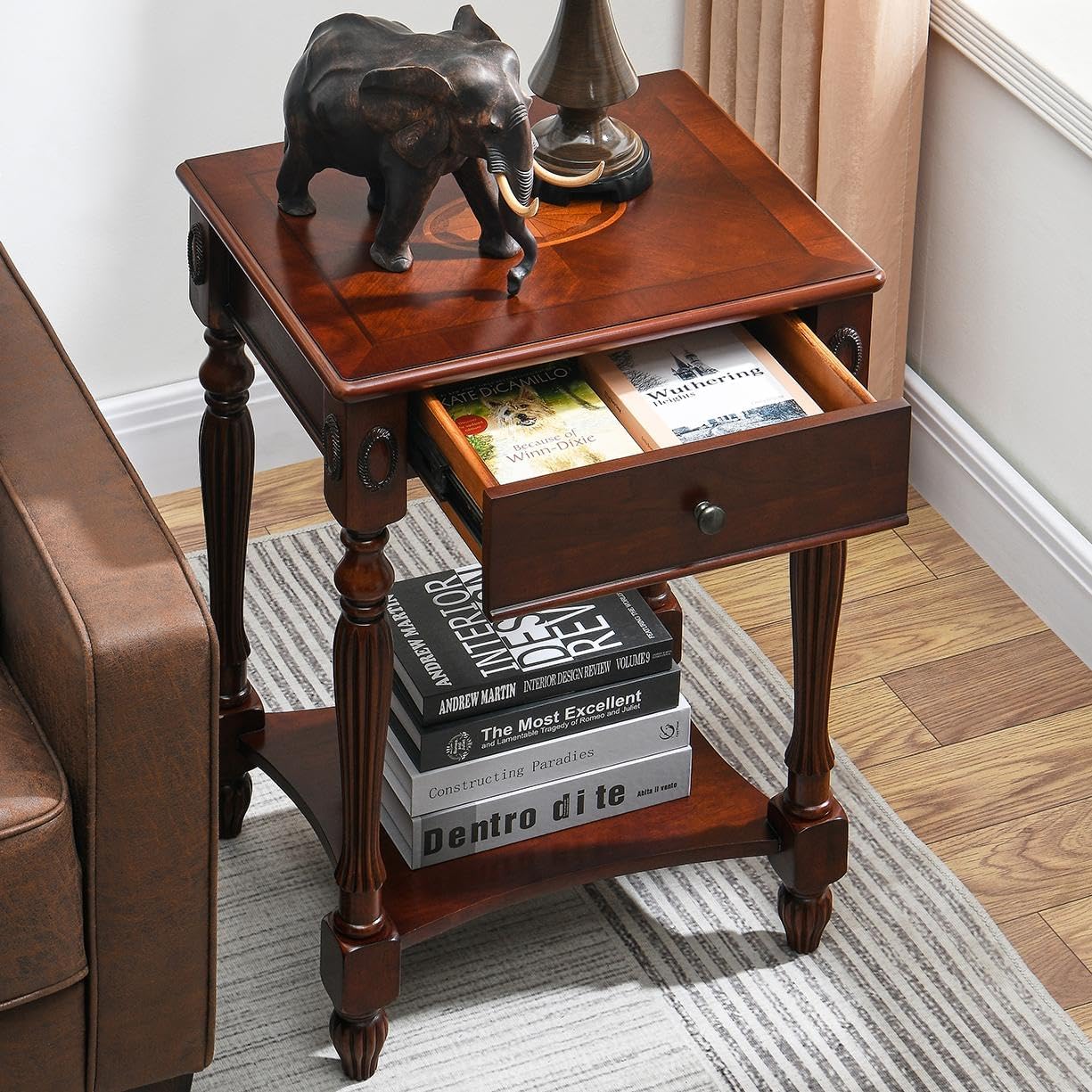 Victorian Solid Wood End Table Cherry Walnut Nightstand with Drawer and Storage Shelf