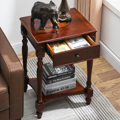 Victorian Solid Wood End Table Cherry Walnut Nightstand with Drawer and Storage Shelf