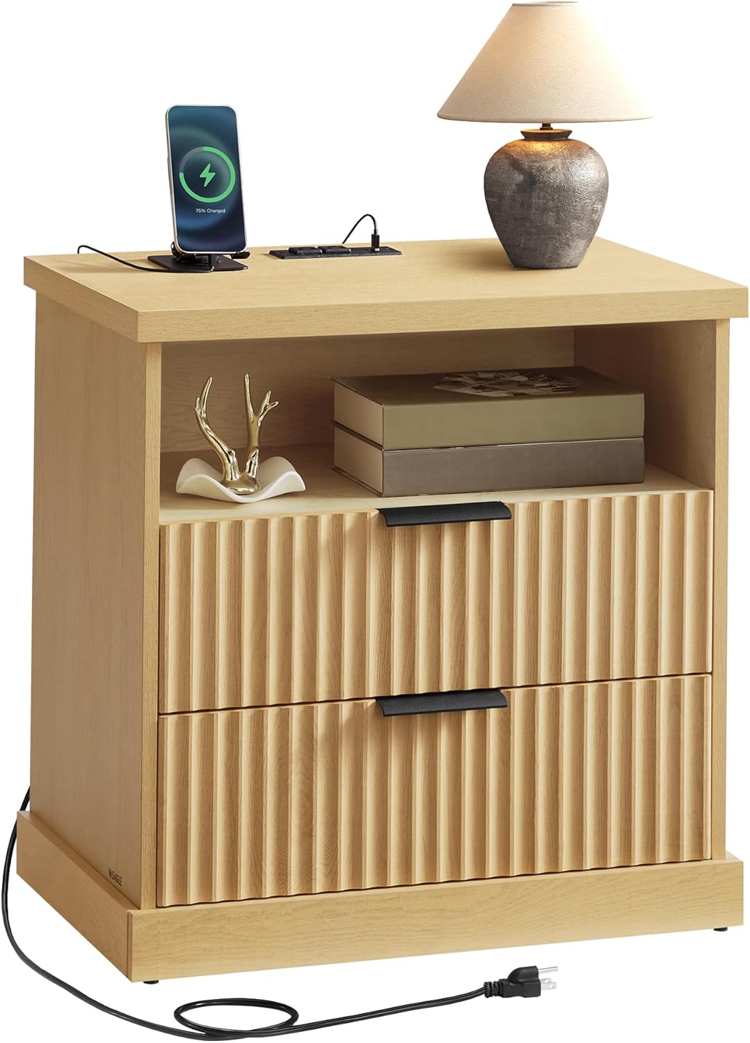 Modern Oak Beige Nightstand with Charging Station – 2-Drawer Fluted Bedside Table