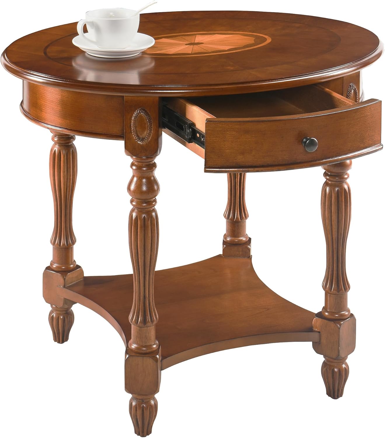 Solid Wood Oval End Table with Drawer and Lower Storage Shelf