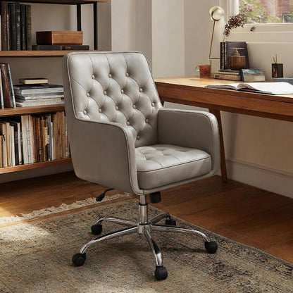 Khaki Leather Office Chair Tufted Adjustable Swivel Desk Chair with Arms