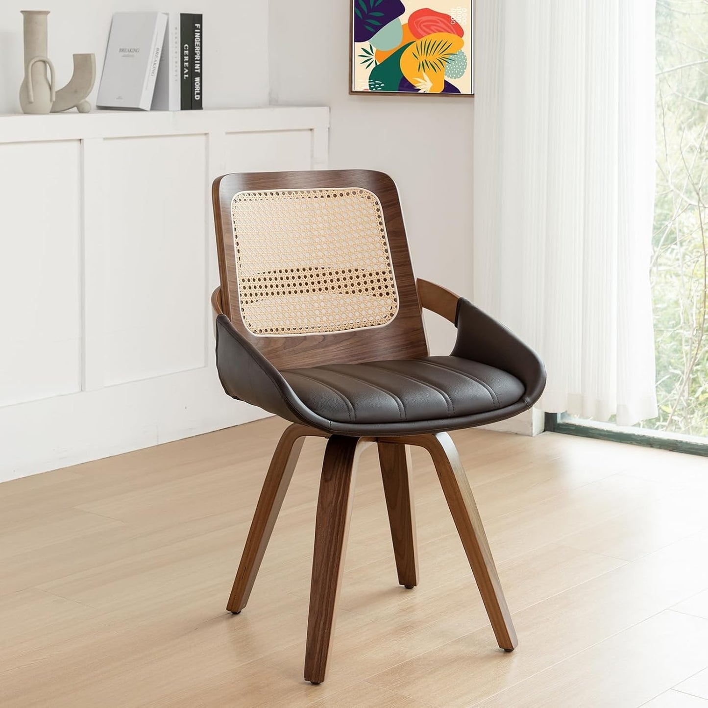Walnut Cane Swivel Dining Chairs with Arms Black Faux Leather Set of 2