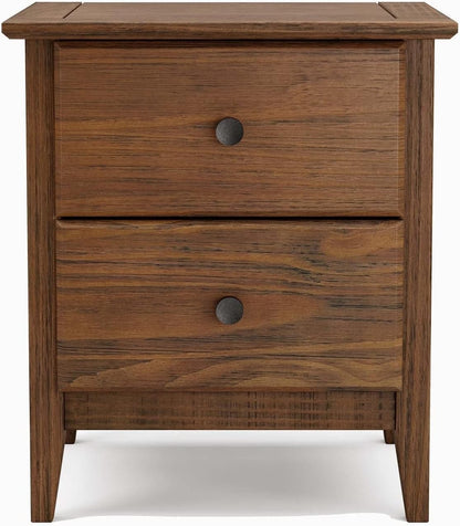 Solid Pine Wood 2-Drawer Nightstand – Brushed Walnut Bedside Table