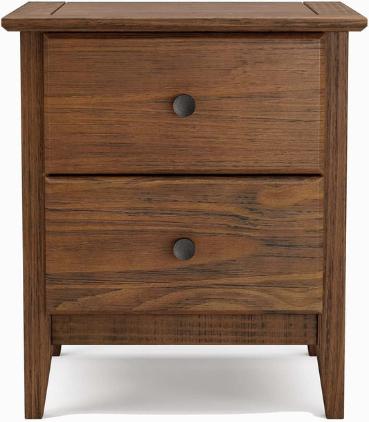 Solid Pine Wood 2-Drawer Nightstand – Brushed Walnut Bedside Table