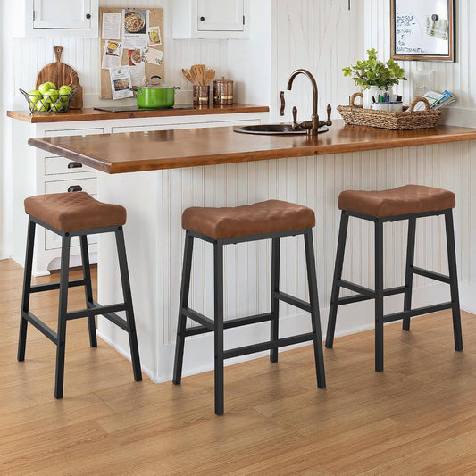 24 Inch Counter Height Bar Stools Set of 3 Brown Saddle Seats Black Metal Frame