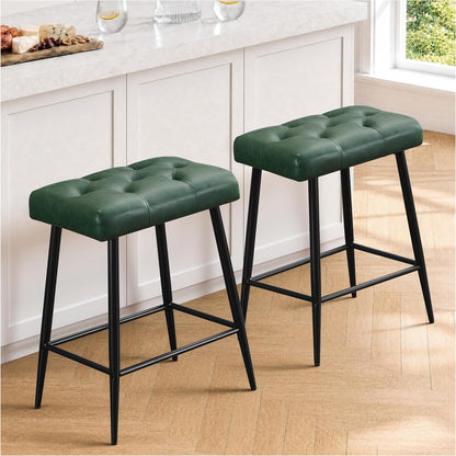 Green Counter Height Bar Stools Set of 2 Upholstered Saddle Seats