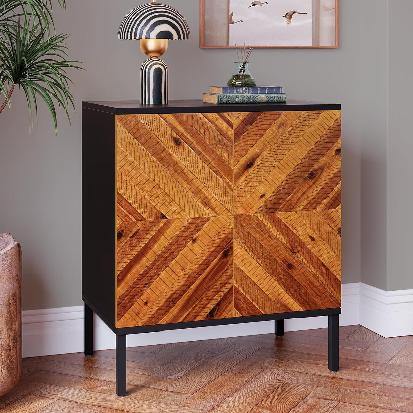 Solid Acacia Wood 3-Door Sideboard with Geometric Pattern