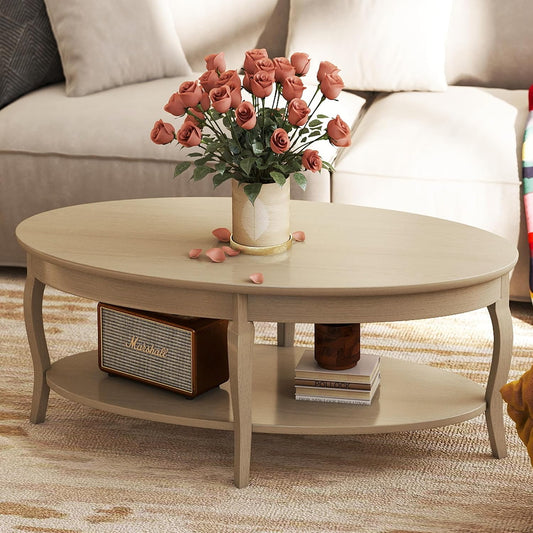 Oval Solid Wood Coffee Table with Lower Storage Shelf Antique White