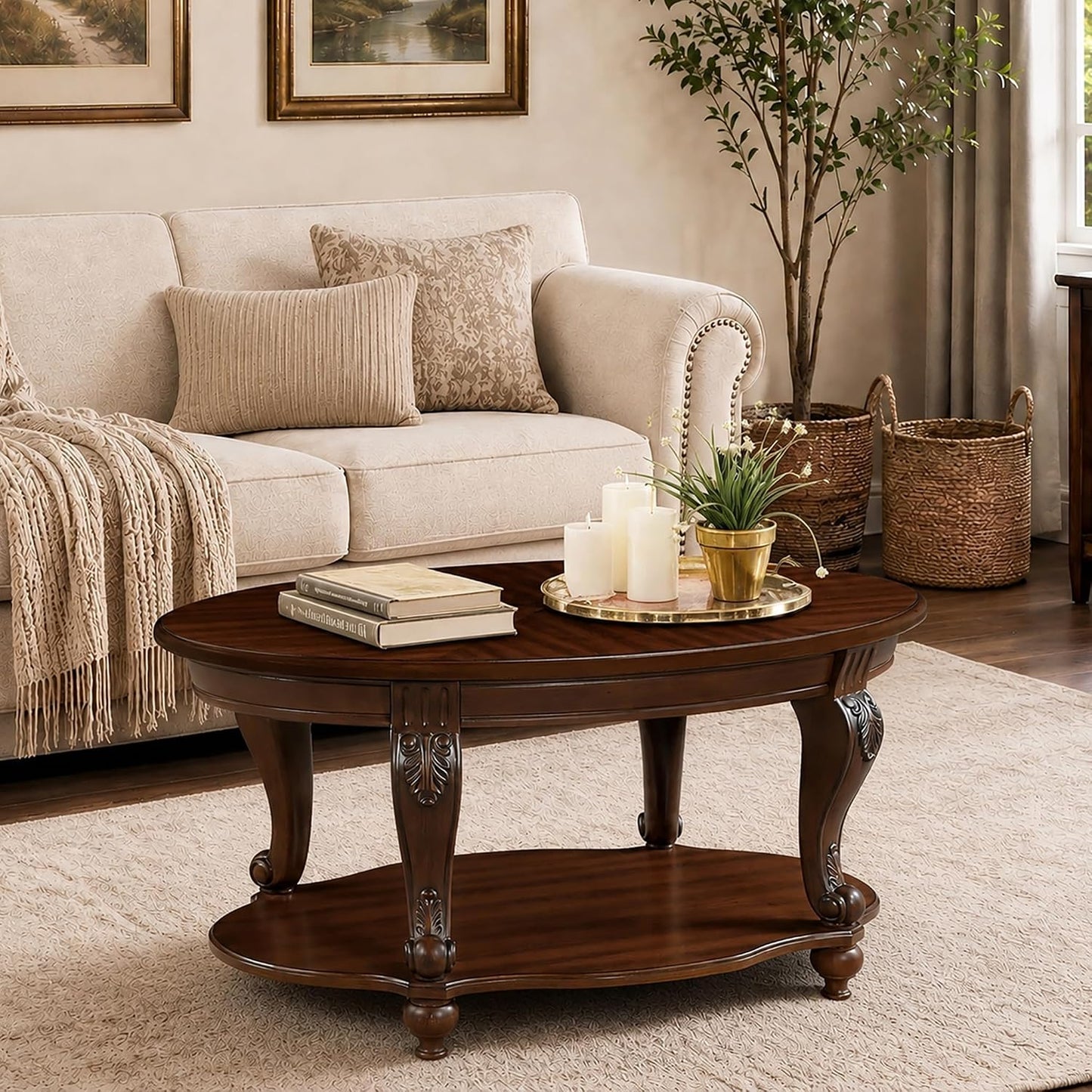Oval Coffee Table with Storage Victorian Carved Wood 2 Tier Living Room Table