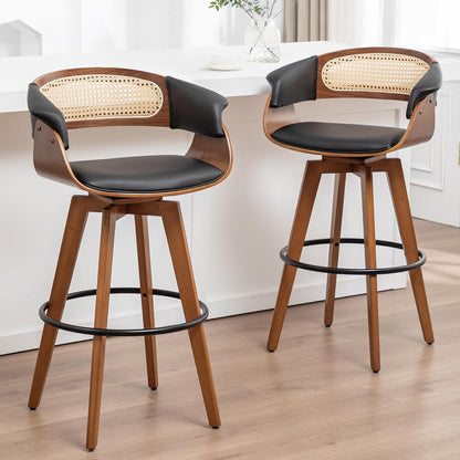 Walnut Cane Swivel Counter Stools Green Faux Leather Mid Century Set of 2