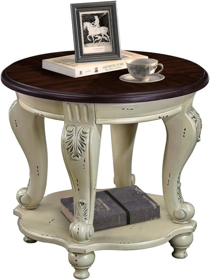 Round End Table Antique Natural Victorian Carved Side Table with Storage Shelf
