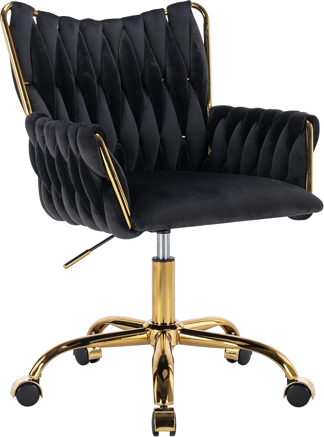 Black Velvet Swivel Desk Chair Hand Woven High Back Gold Base Adjustable Height