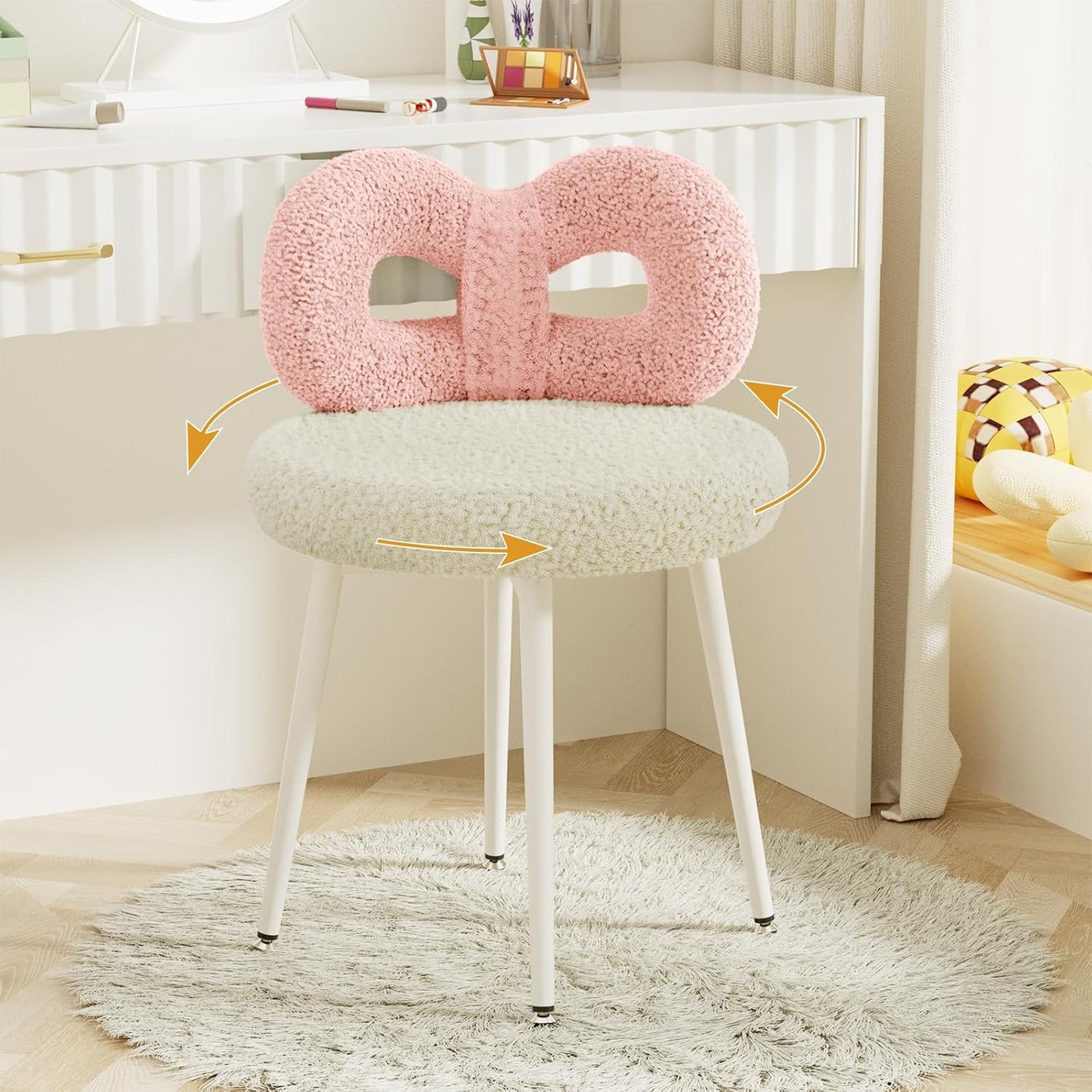 Pink Bow Vanity Chair Swivel Upholstered Makeup Chair with Metal Legs