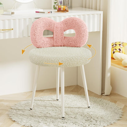 Pink Bow Vanity Chair Swivel Upholstered Makeup Chair with Metal Legs