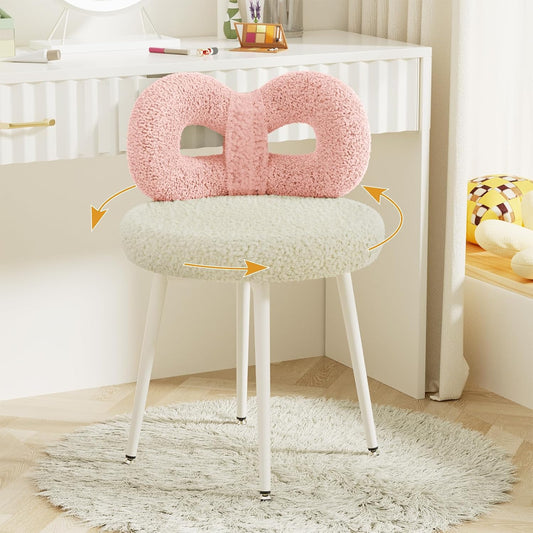 Pink Bow Vanity Chair Swivel Upholstered Makeup Chair with Metal Legs