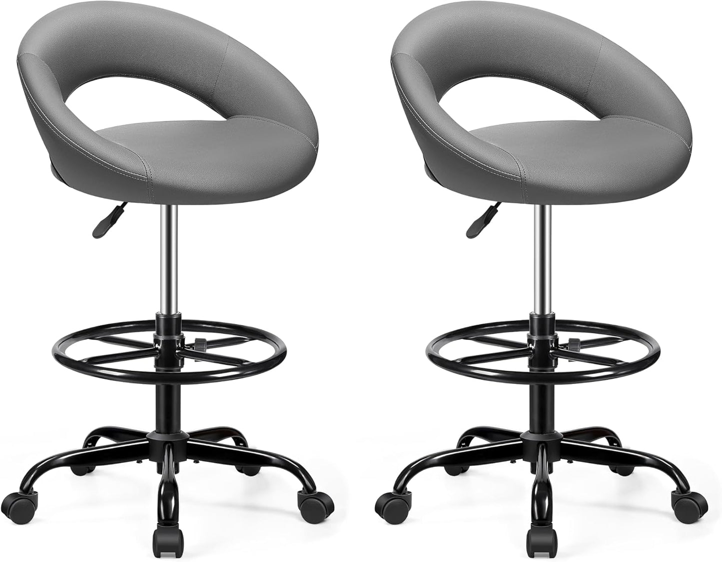 Adjustable Drafting Chair Black Faux Leather Swivel Counter Stool with Wheels