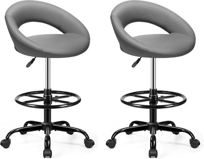 Adjustable Drafting Chair Black Faux Leather Swivel Counter Stool with Wheels