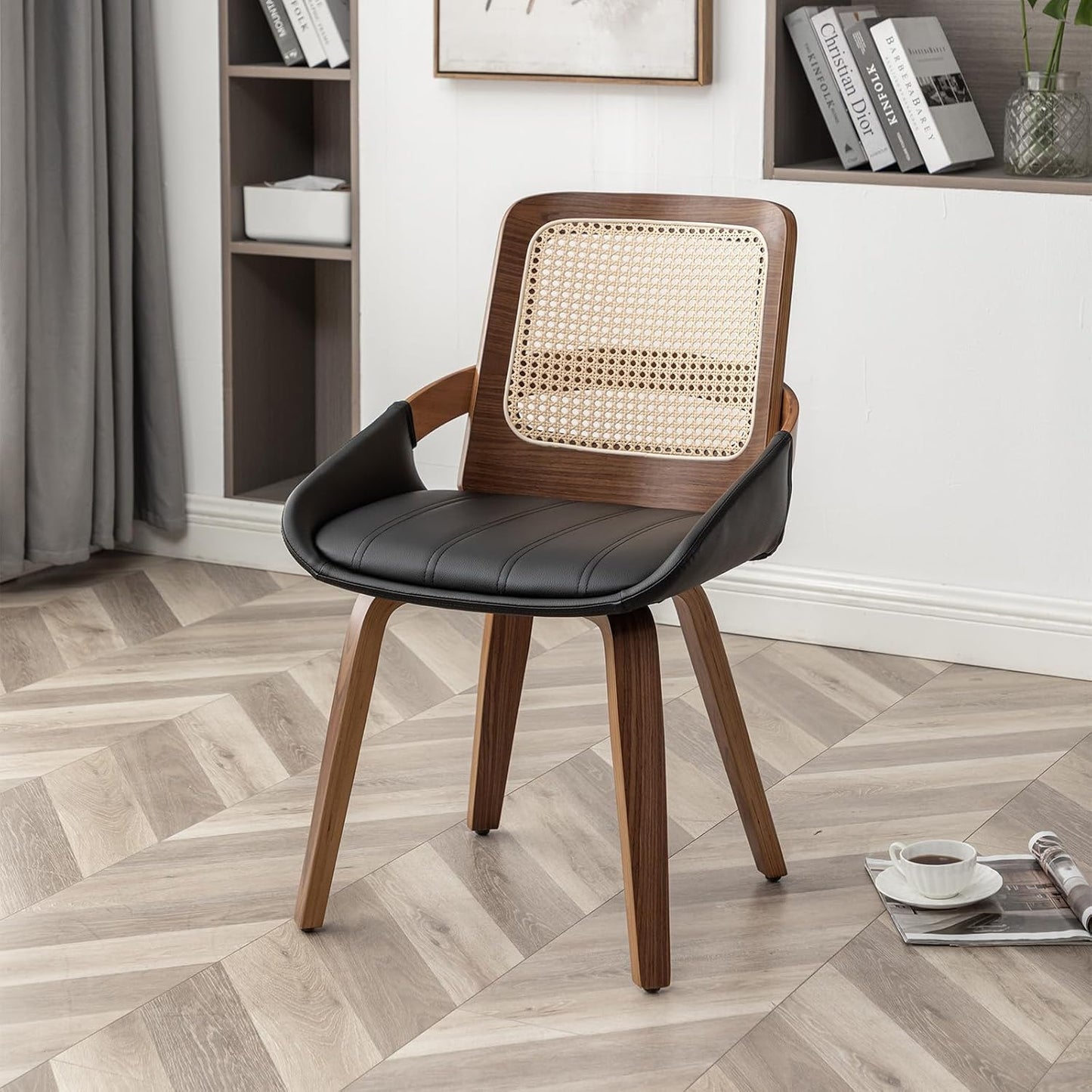 Walnut Rattan Dining Chair with Cane Back Black Upholstered Seat and Arms