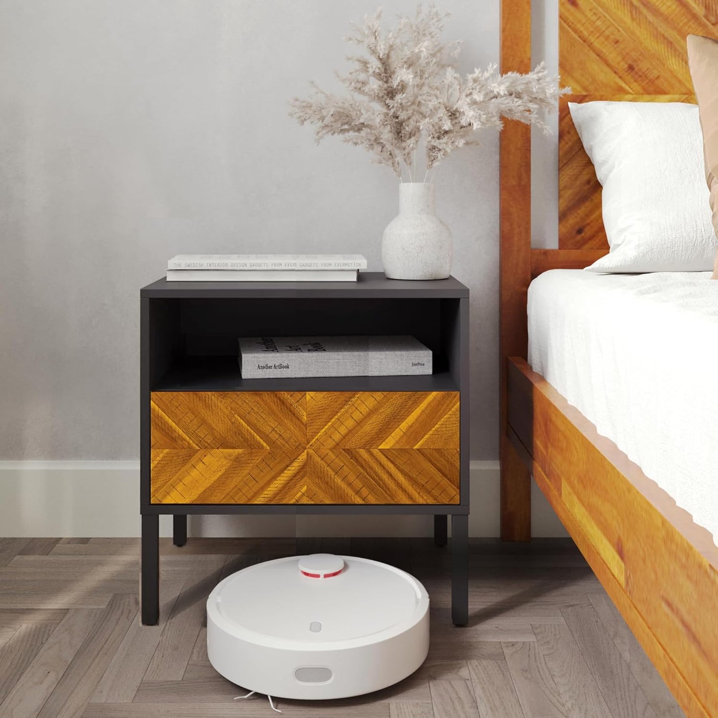 Solid Wood Herringbone Nightstand with Drawer & Open Shelf