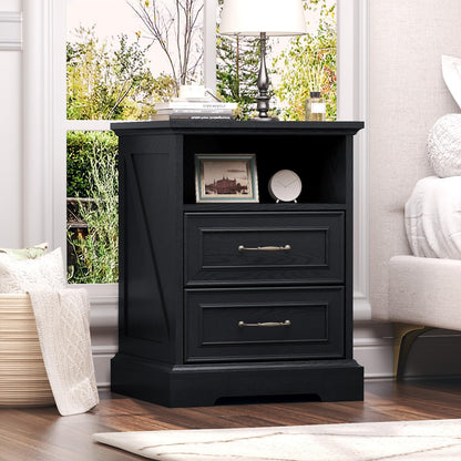 Farmhouse Nightstand with Charging Station 2 Drawers Off White Bedside Table