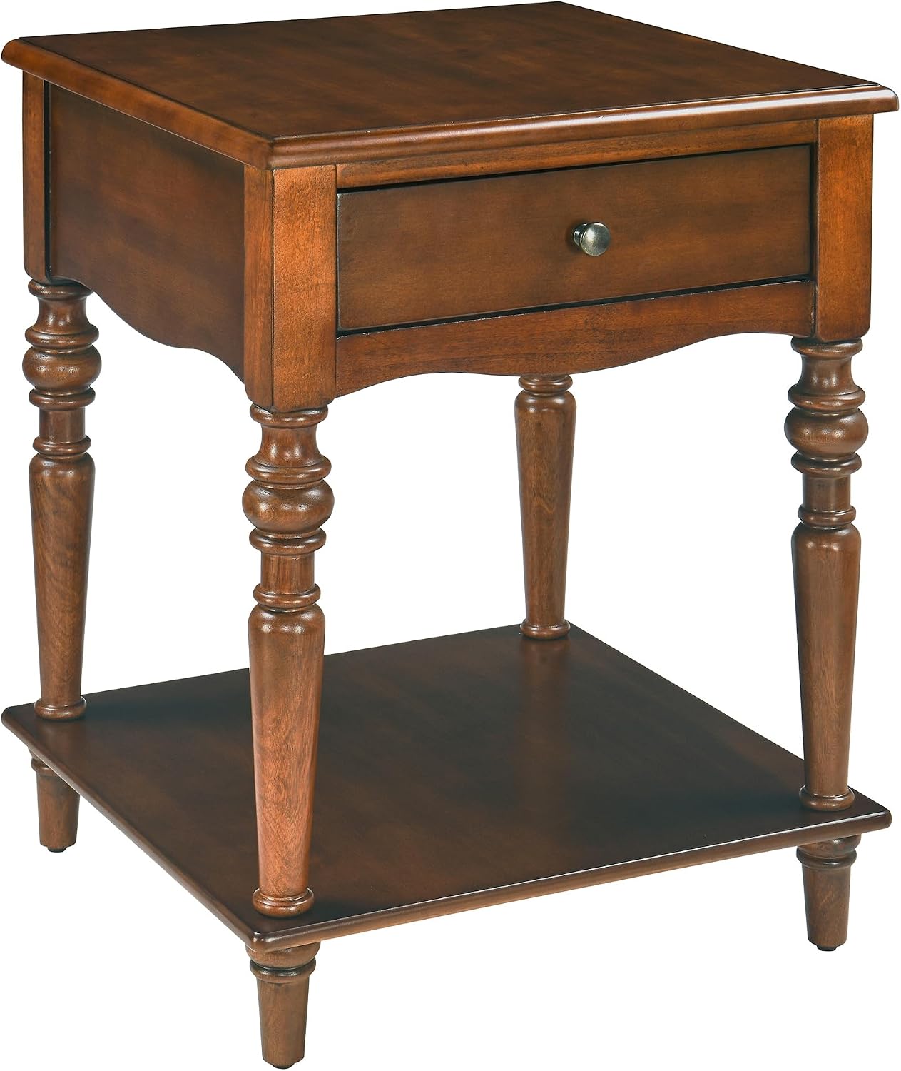 Solid Wood End Table Caramel Brown with Drawer and Storage Shelf Vintage Nightstand