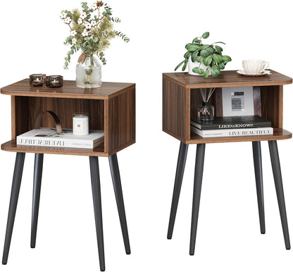 Mid-Century Modern Walnut Brown Nightstand Set of 2 with Open Storage
