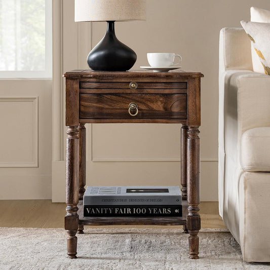 Walnut Spindle End Table with Drawer Charging Station and Pull Out Shelf
