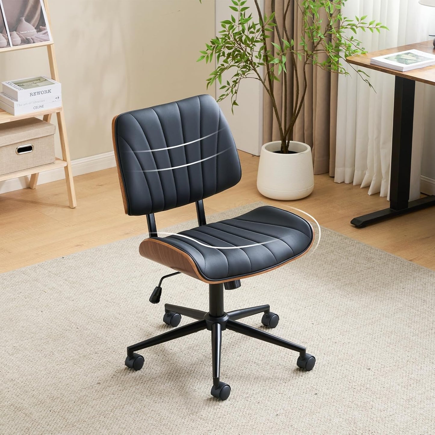 Walnut Office Chair Black PU Leather Adjustable Swivel Rolling Desk Chair