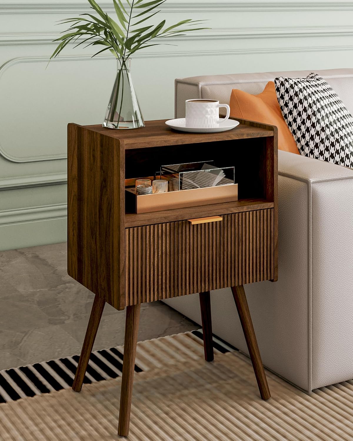 Modern Walnut Brown Fluted Nightstand with Drawer & Open Shelf