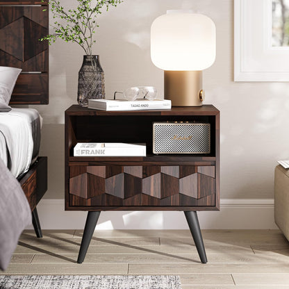Solid Acacia Wood Geometric Nightstand with Drawer & Open Shelf
