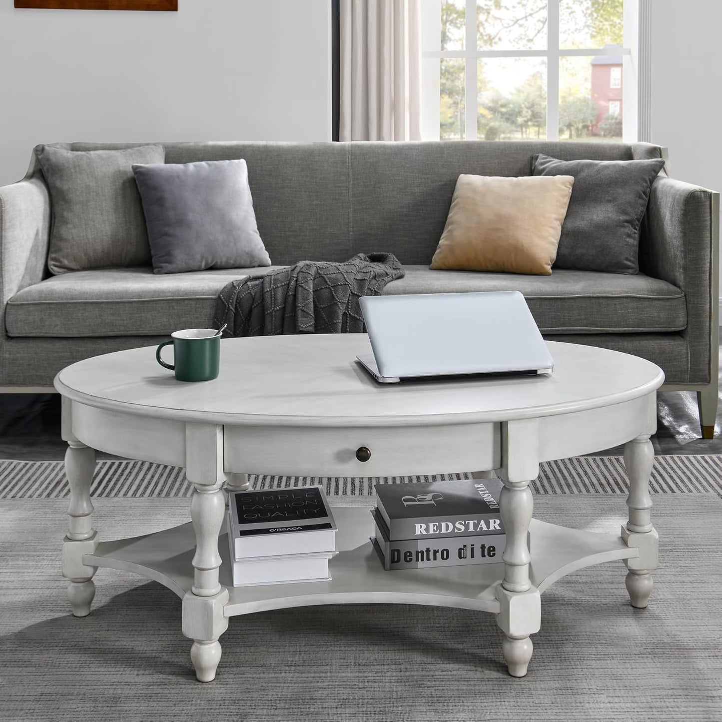 Victorian Oval Solid Wood Coffee Table with Drawer Grey White Storage Table